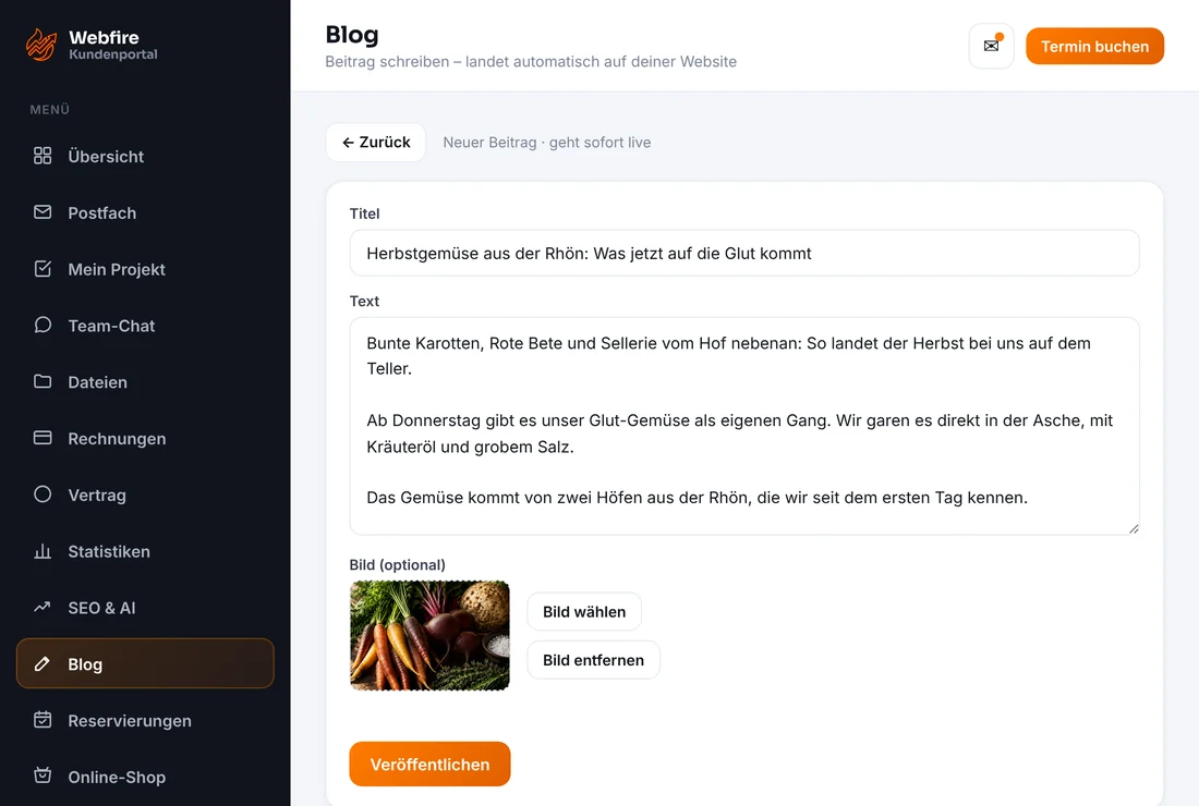 Kundenzugang von Webfire Marketing: Blog-Beitrag über Herbstgemüse aus der Rhön wird geschrieben (Beispieldaten)