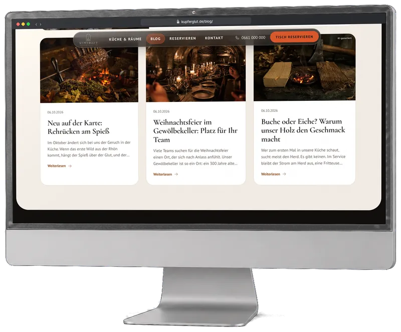 Blog-Übersicht des Demo-Restaurants Kupferglut auf dem Bildschirm, in Farben und Schriften der Website