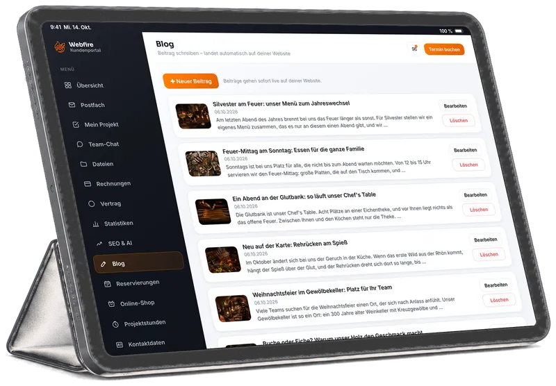 Blog-Bereich im Kundenzugang auf dem Tablet mit den Beiträgen von Kupferglut