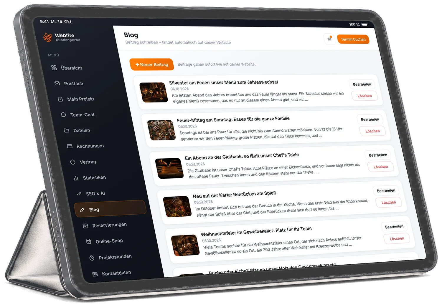 Blog-Bereich im Kundenzugang auf dem Tablet mit den Beiträgen von Kupferglut