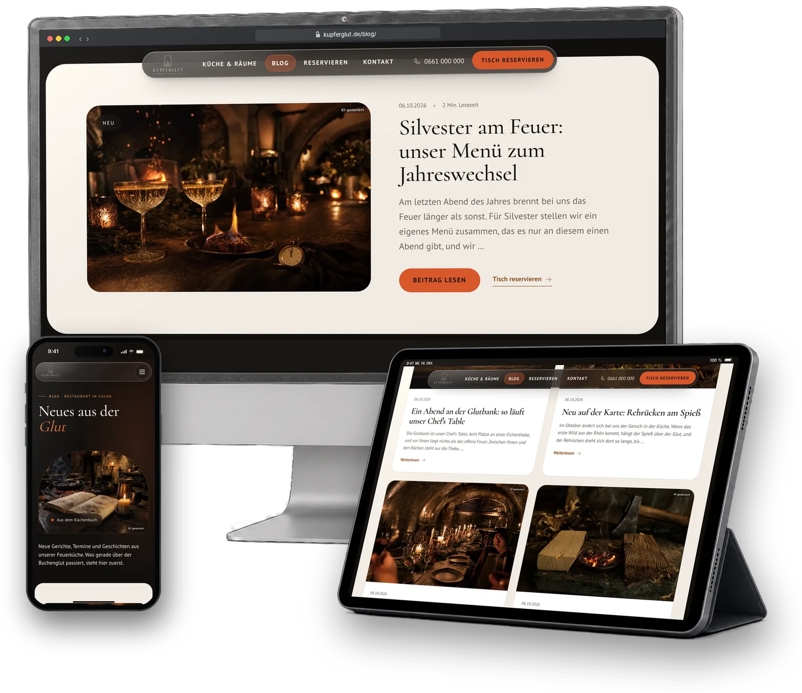 Blog des Demo-Restaurants Kupferglut auf Monitor, Tablet und Handy: neuester Beitrag, Übersicht und Startbereich