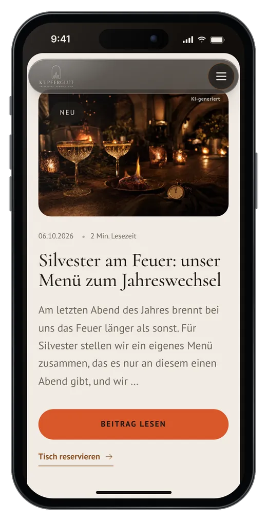 Neuester Beitrag im Blog des Demo-Restaurants Kupferglut auf dem Handy, mit Datum und Lesezeit