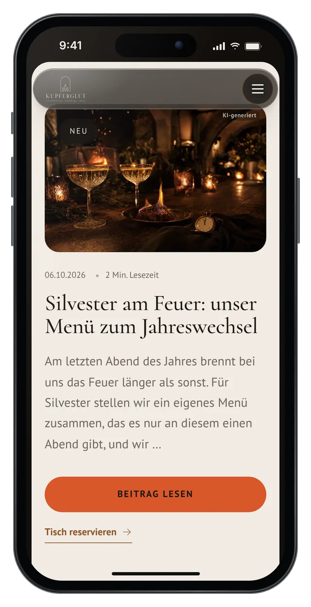 Neuester Beitrag im Blog des Demo-Restaurants Kupferglut auf dem Handy, mit Datum und Lesezeit