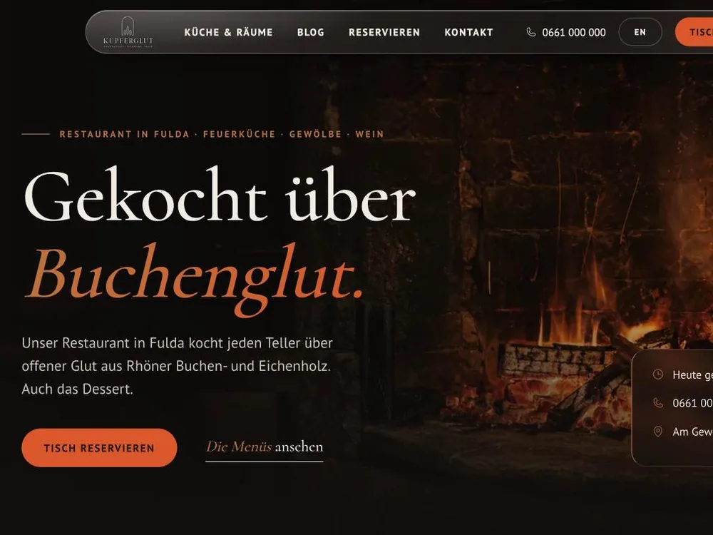 Startseite des Demo-Restaurants Kupferglut auf Deutsch im iPad: Gekocht über Buchenglut