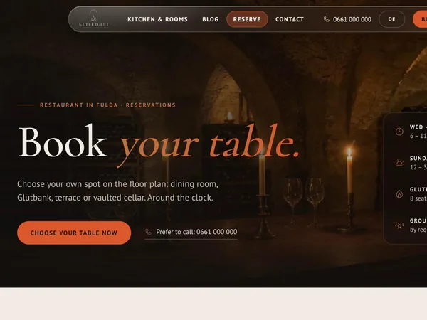 Reservierungsseite von Kupferglut auf Englisch im iPad: Book your table, mit Öffnungszeiten