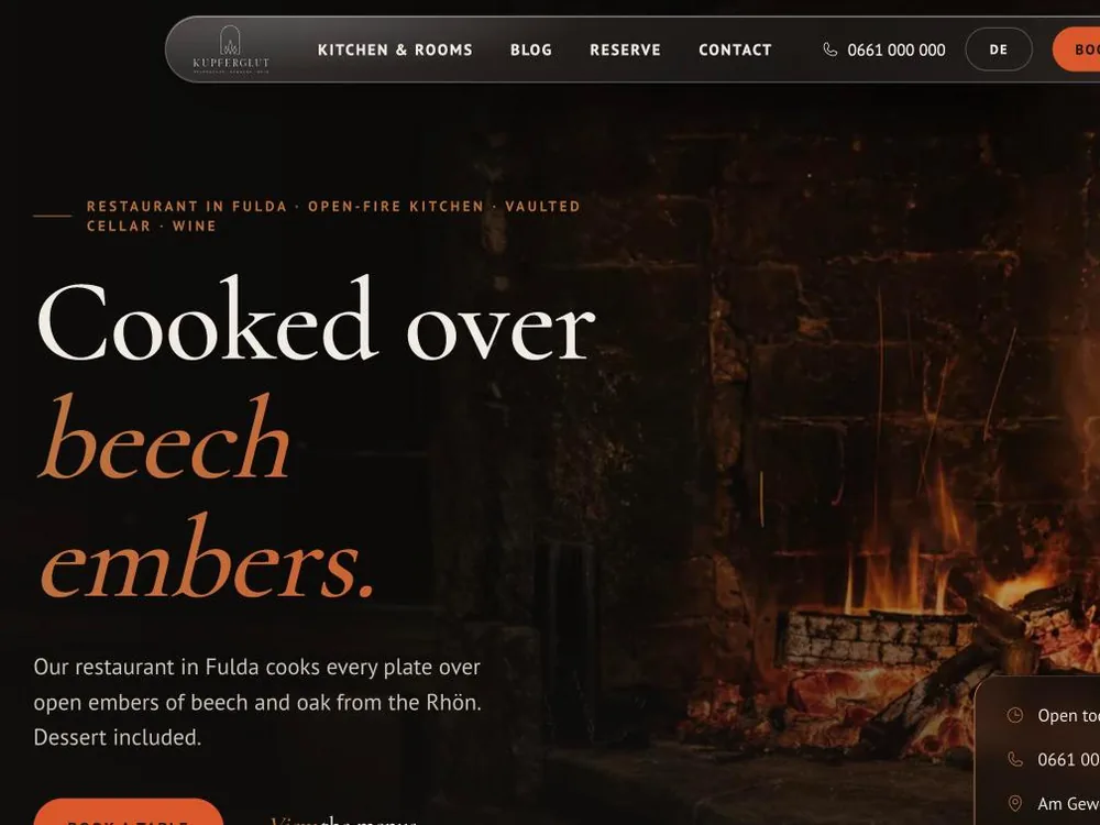 Dieselbe Startseite von Kupferglut auf Englisch im iPad: Cooked over beech embers