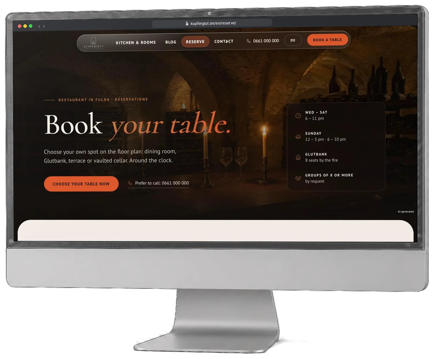 Reservierungsseite von Kupferglut auf Englisch am PC-Bildschirm: Book your table, mit Öffnungszeiten
