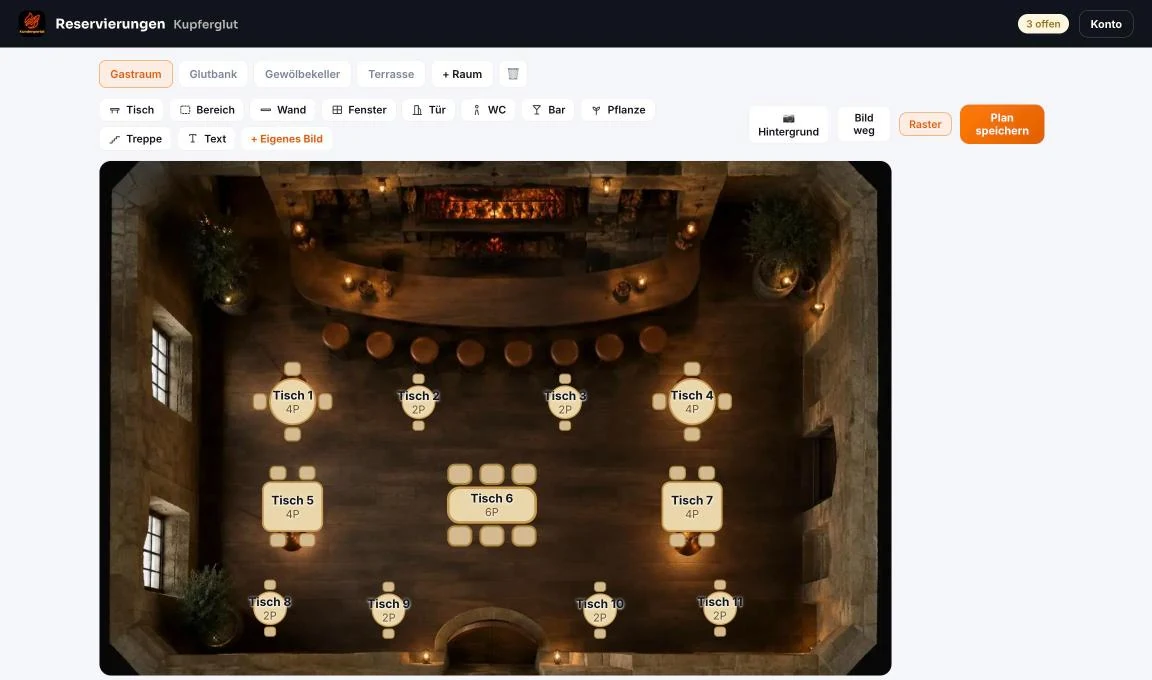 Tischplan-Editor mit Räumen, Werkzeugen und Grundriss als Hintergrundbild