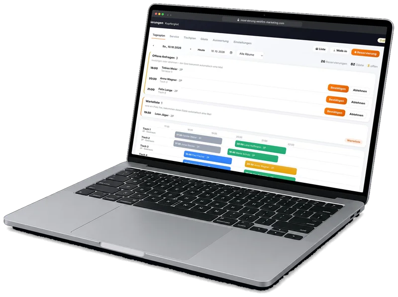 Tagesplan der Reservierungs-App auf dem Laptop: offene Anfragen, Warteliste und Tische im Zeitstrahl