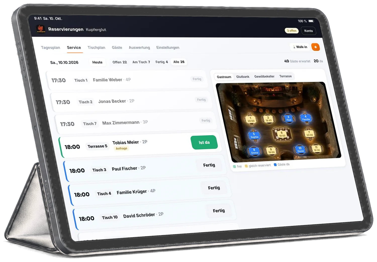 Service-Ansicht auf dem Tablet: Gäste mit Status Ist da und Fertig, daneben der Raumplan