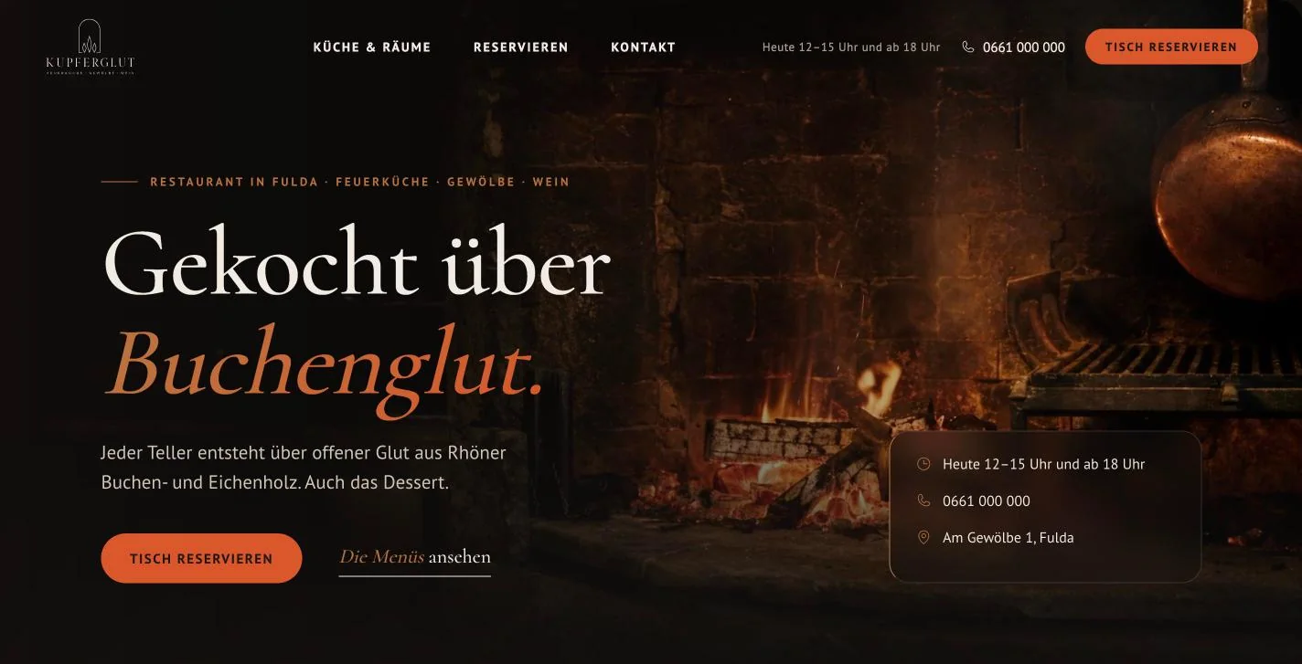 Startseite der Demo-Website Kupferglut: Restaurant in Fulda mit Feuerküche, Button Tisch reservieren