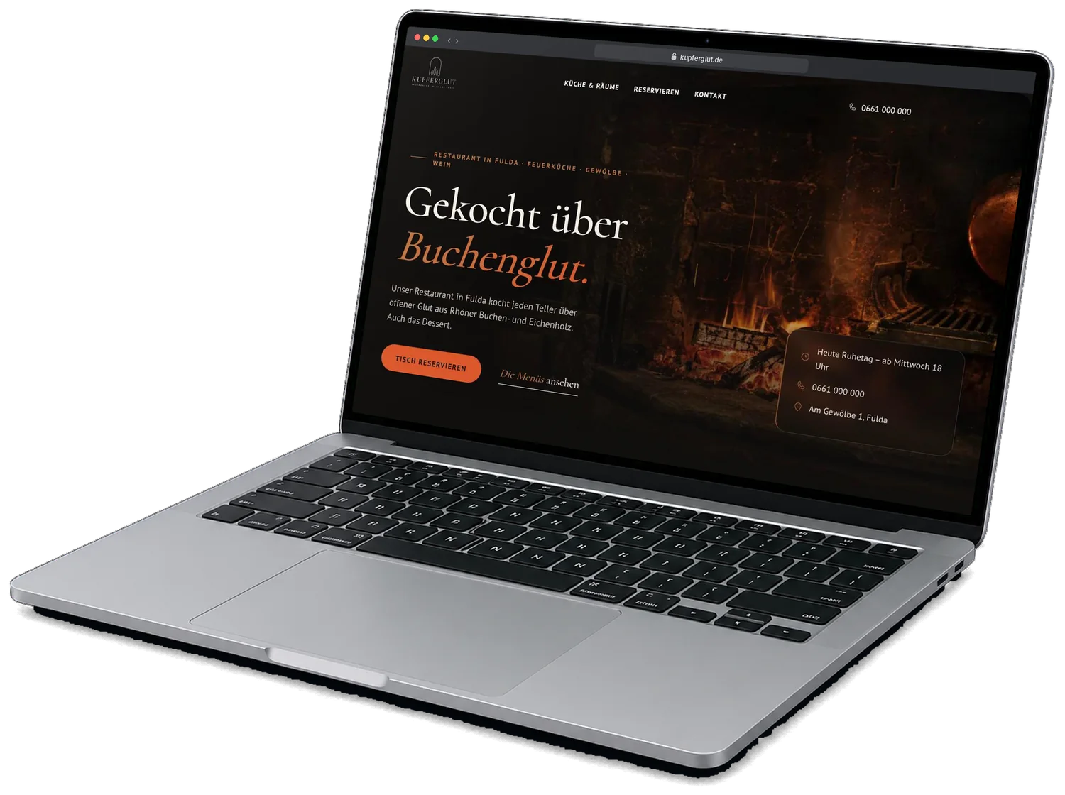 Startseite der Demo-Website Kupferglut mit Button Tisch reservieren