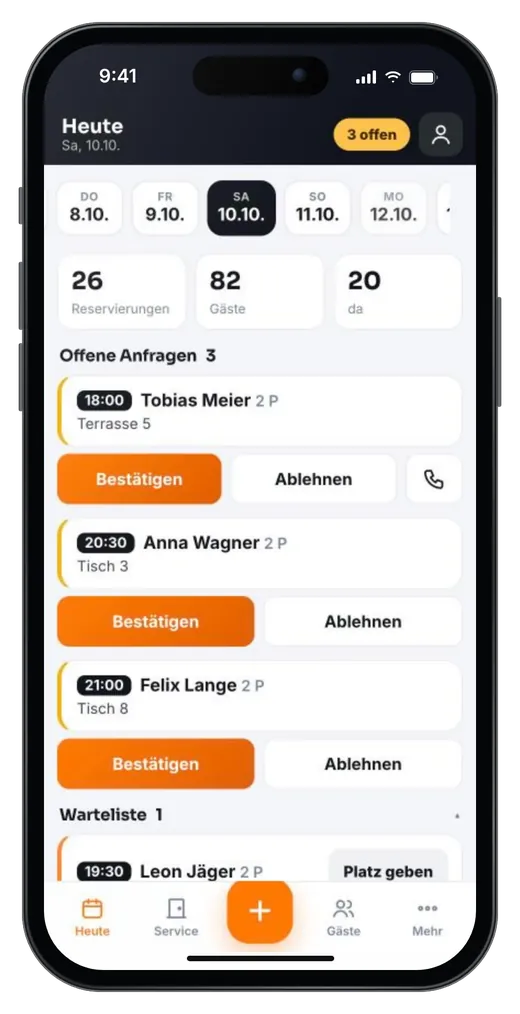 Reservierungs-App auf dem Smartphone: offene Anfragen mit Bestätigen-Button