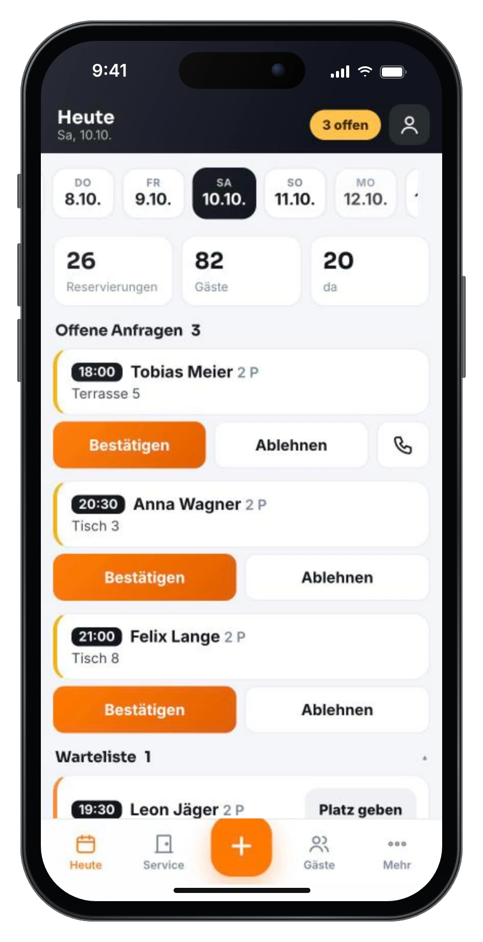 Reservierungs-App auf dem Smartphone: offene Anfragen mit Bestätigen-Button