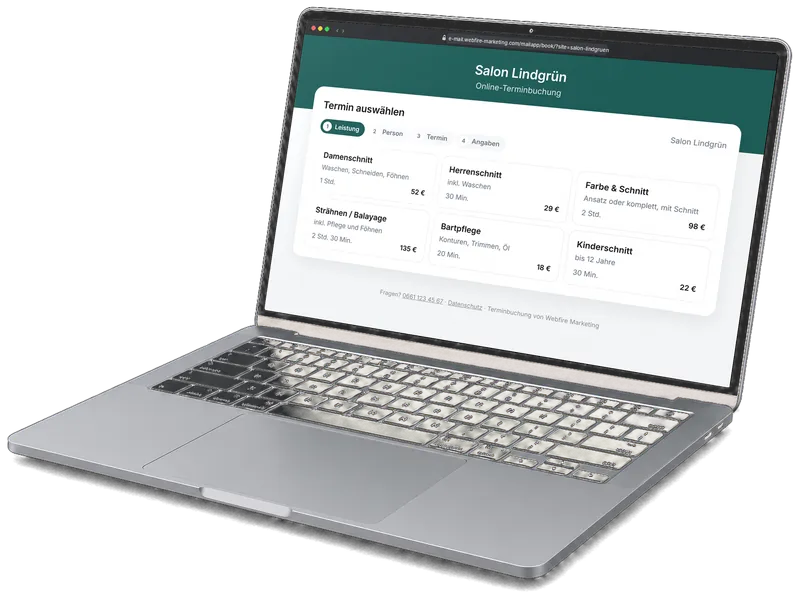 Eigene Buchungsseite des Beispielbetriebs Salon Lindgrün mit sechs Leistungen und Preisen auf dem Laptop