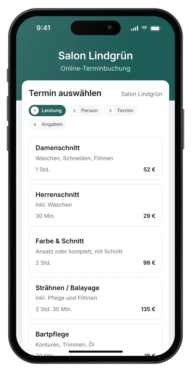 Buchungsseite von Salon Lindgrün auf dem Handy mit Leistungen, Dauer und Preis