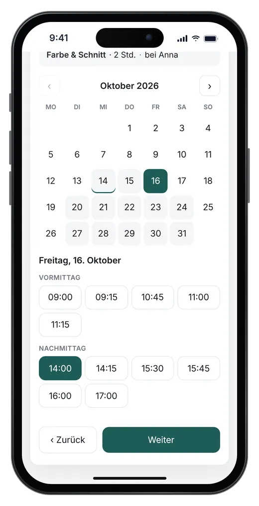 Terminbuchung auf dem Handy: Kalender und freie Uhrzeiten am Freitag