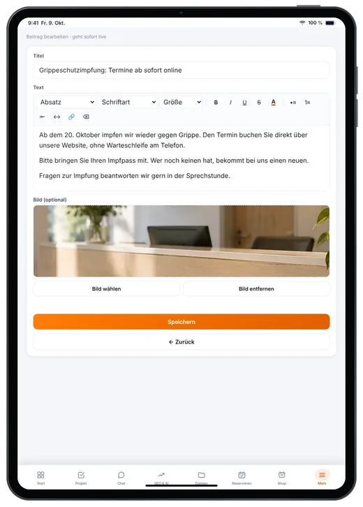 Kundenzugang von Webfire Marketing: Blog-Beitrag zur Grippeschutzimpfung wird bearbeitet (Beispieldaten)
