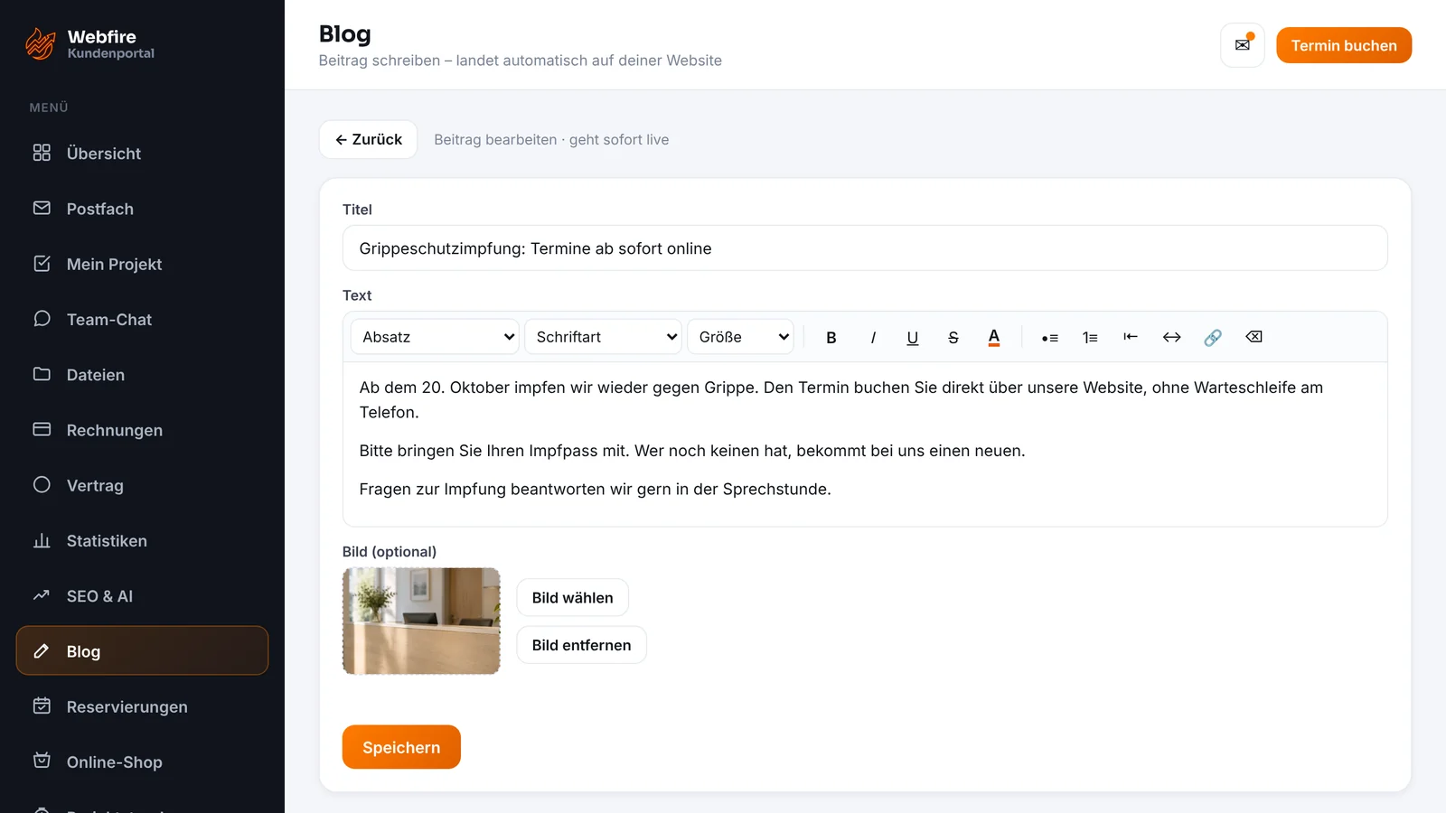 Kundenzugang von Webfire Marketing: Blog-Beitrag zur Grippeschutzimpfung wird bearbeitet (Beispieldaten)