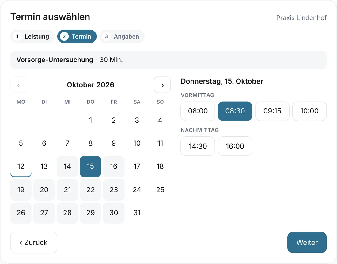 Online-Terminbuchung auf einer Praxis-Website: Vorsorge-Untersuchung am Donnerstag um 8:30 Uhr (Beispieldaten)