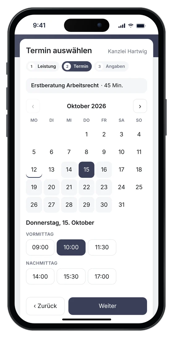 Online-Terminbuchung auf einer Kanzlei-Website: Erstberatung Arbeitsrecht am Donnerstag um 10 Uhr (Beispieldaten)