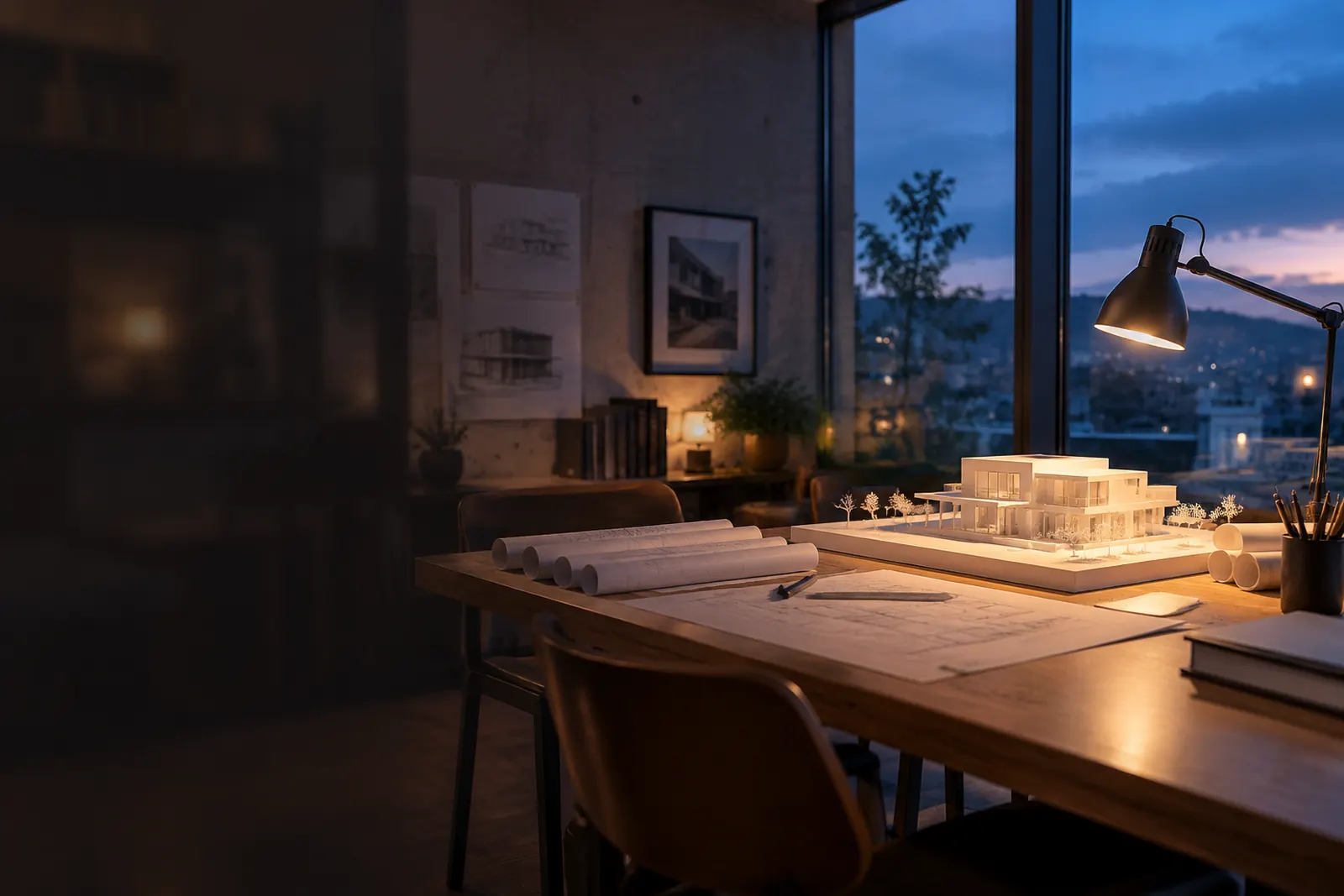 Architekturbüro am Abend mit Arbeitstisch, weißem Hausmodell und gerollten Plänen