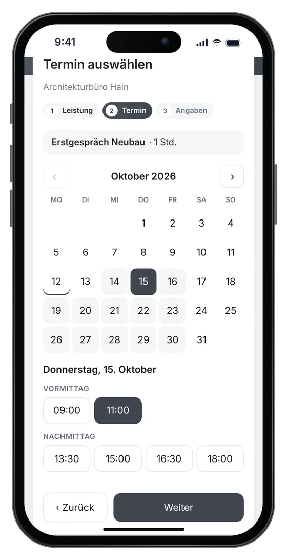 Online-Terminbuchung auf einer Architekten-Website: Erstgespräch Neubau am Donnerstag um 11 Uhr (Beispieldaten)
