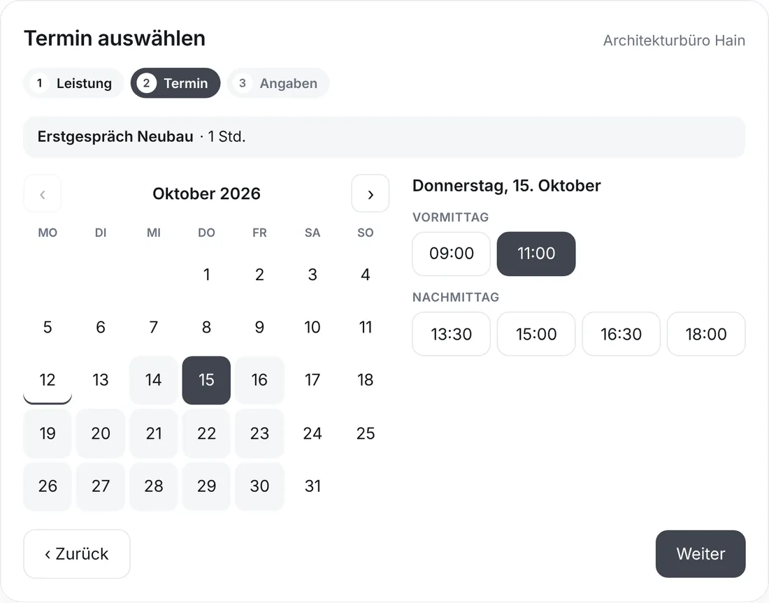 Online-Terminbuchung auf einer Architekten-Website: Erstgespräch Neubau am Donnerstag um 11 Uhr (Beispieldaten)