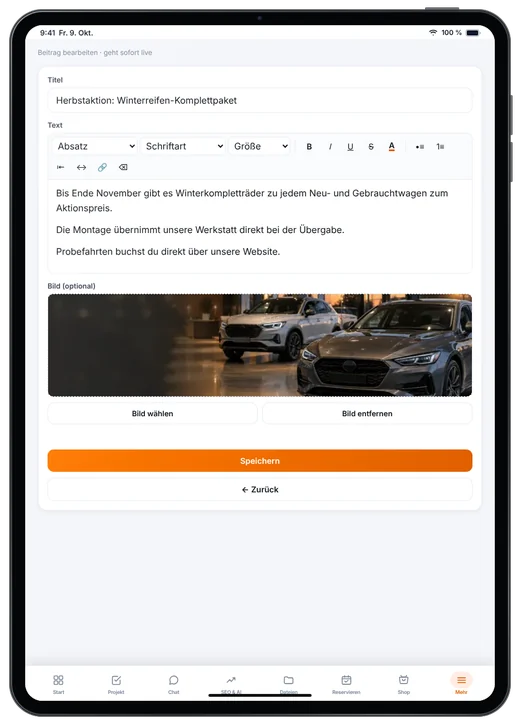 Kundenzugang von Webfire Marketing: Blog-Beitrag zu einer Herbstaktion wird bearbeitet (Beispieldaten)