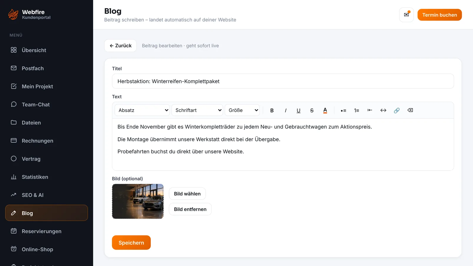 Kundenzugang von Webfire Marketing: Blog-Beitrag zu einer Herbstaktion wird bearbeitet (Beispieldaten)