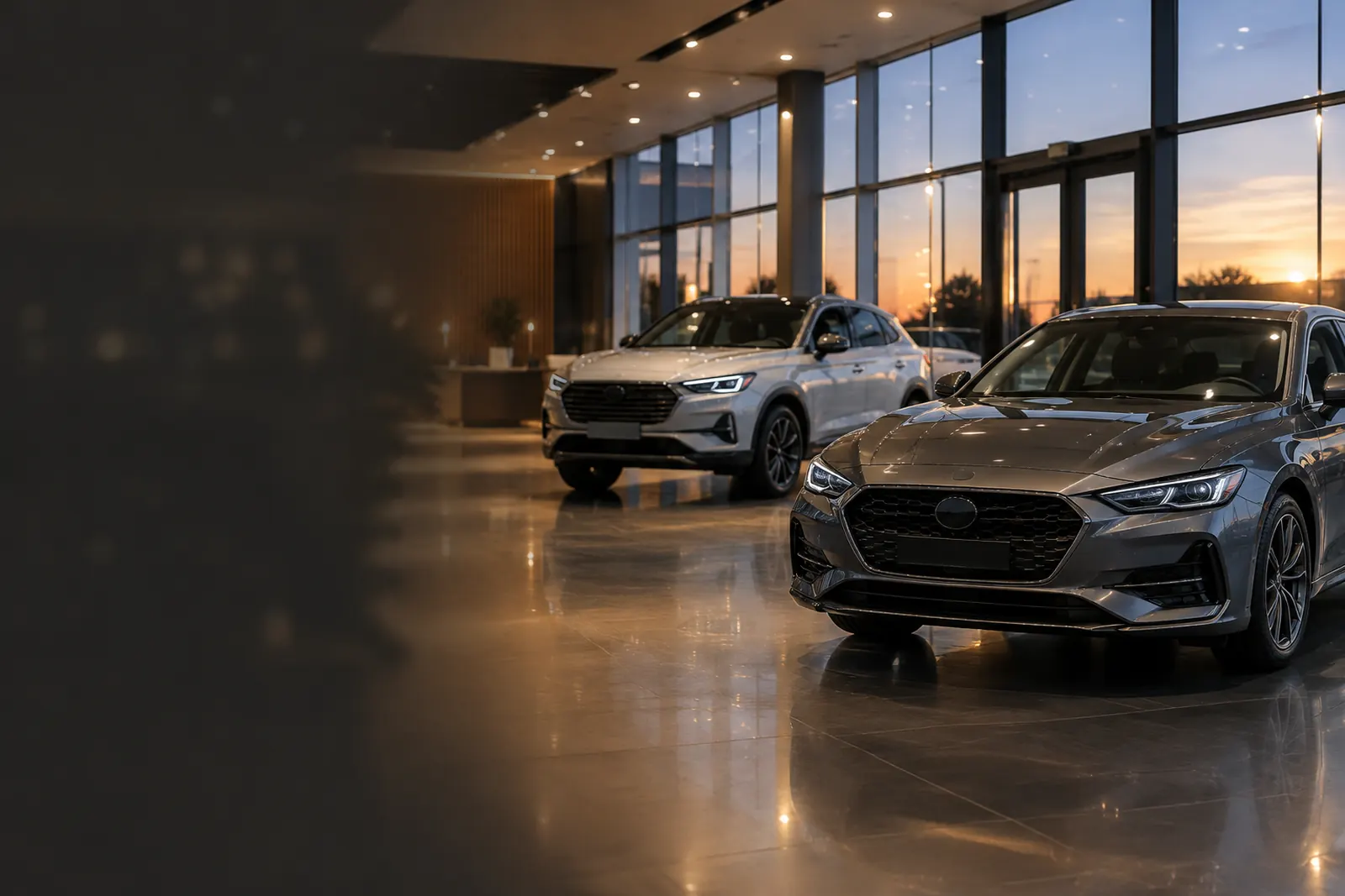 Kleines Autohaus am Abend mit zwei Fahrzeugen im Showroom und großer Glasfront