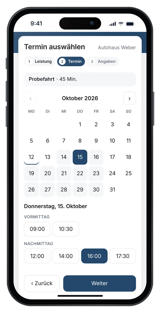 Online-Terminbuchung auf einer Autohaus-Website: Probefahrt am Donnerstag um 16 Uhr (Beispieldaten)