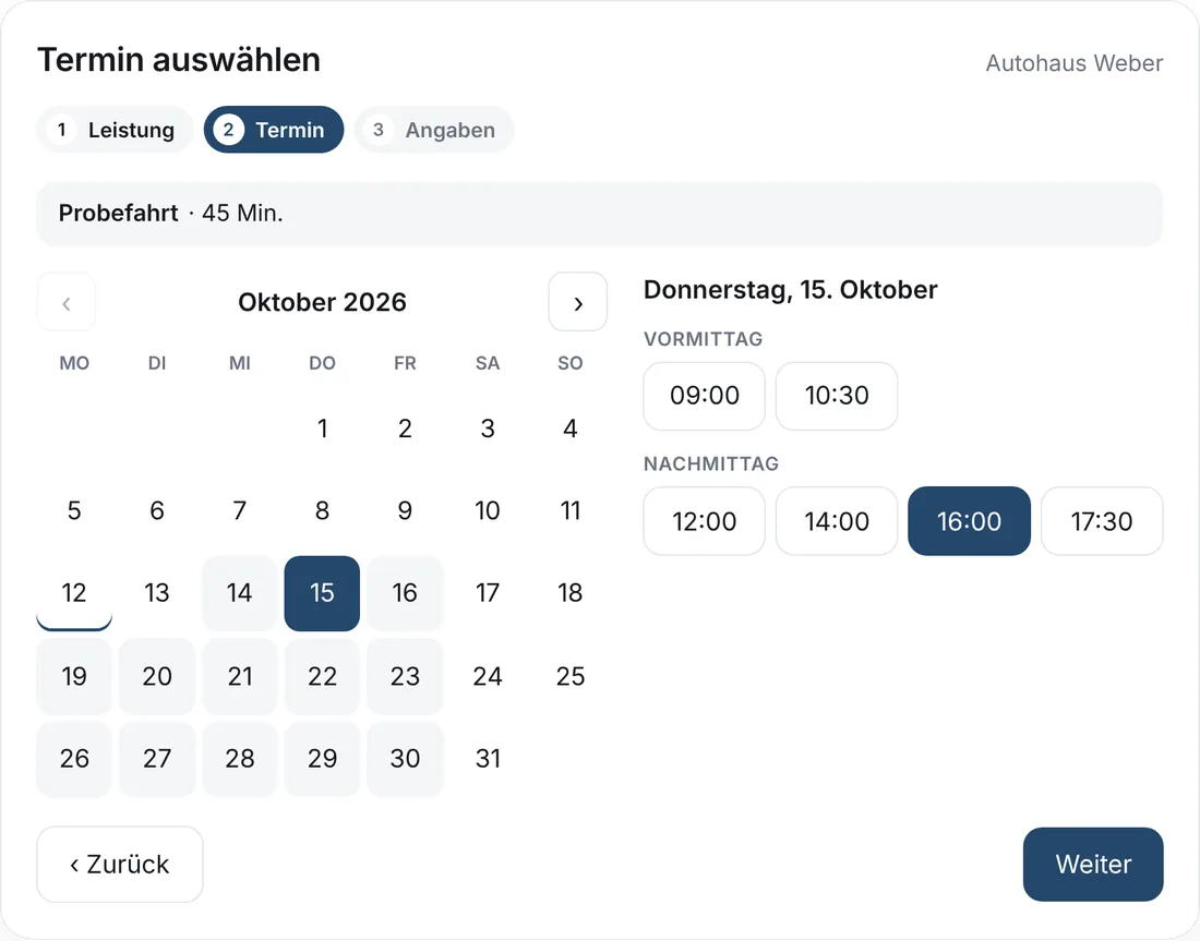 Online-Terminbuchung auf einer Autohaus-Website: Probefahrt am Donnerstag um 16 Uhr (Beispieldaten)