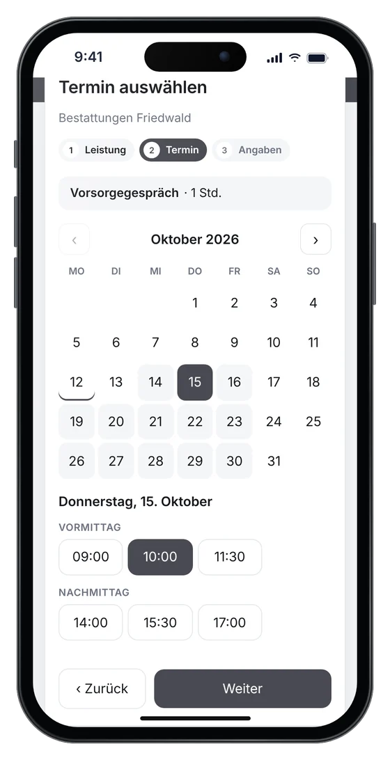 Online-Terminbuchung auf einer Bestatter-Website: Vorsorgegespräch am Donnerstag um 10 Uhr (Beispieldaten)