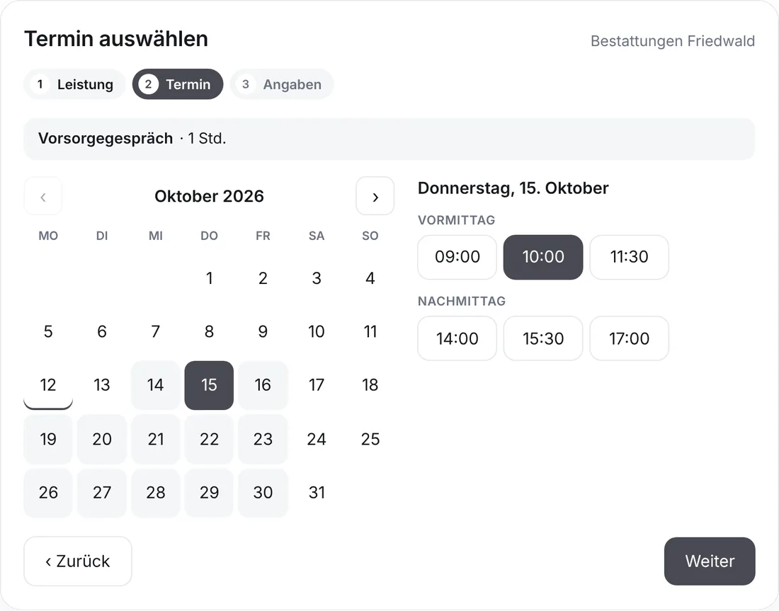 Online-Terminbuchung auf einer Bestatter-Website: Vorsorgegespräch am Donnerstag um 10 Uhr (Beispieldaten)