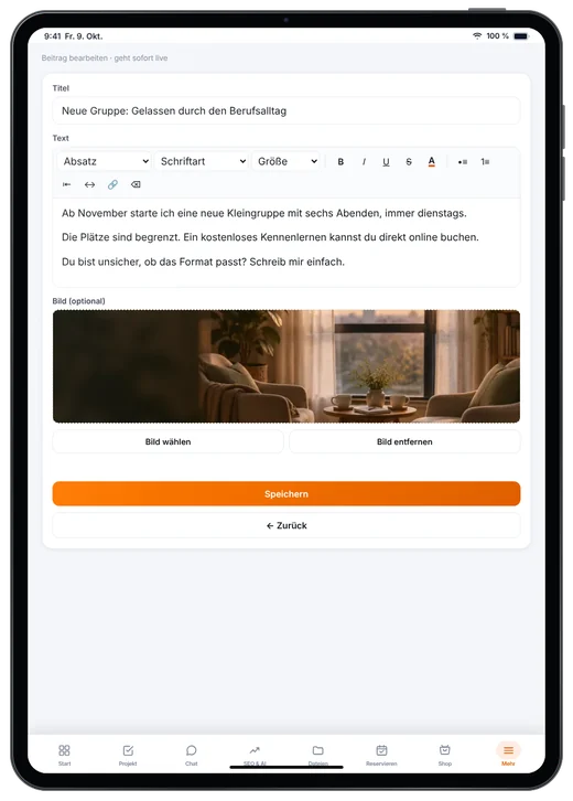 Kundenzugang von Webfire Marketing: Blog-Beitrag zu einer neuen Coaching-Gruppe wird bearbeitet (Beispieldaten)