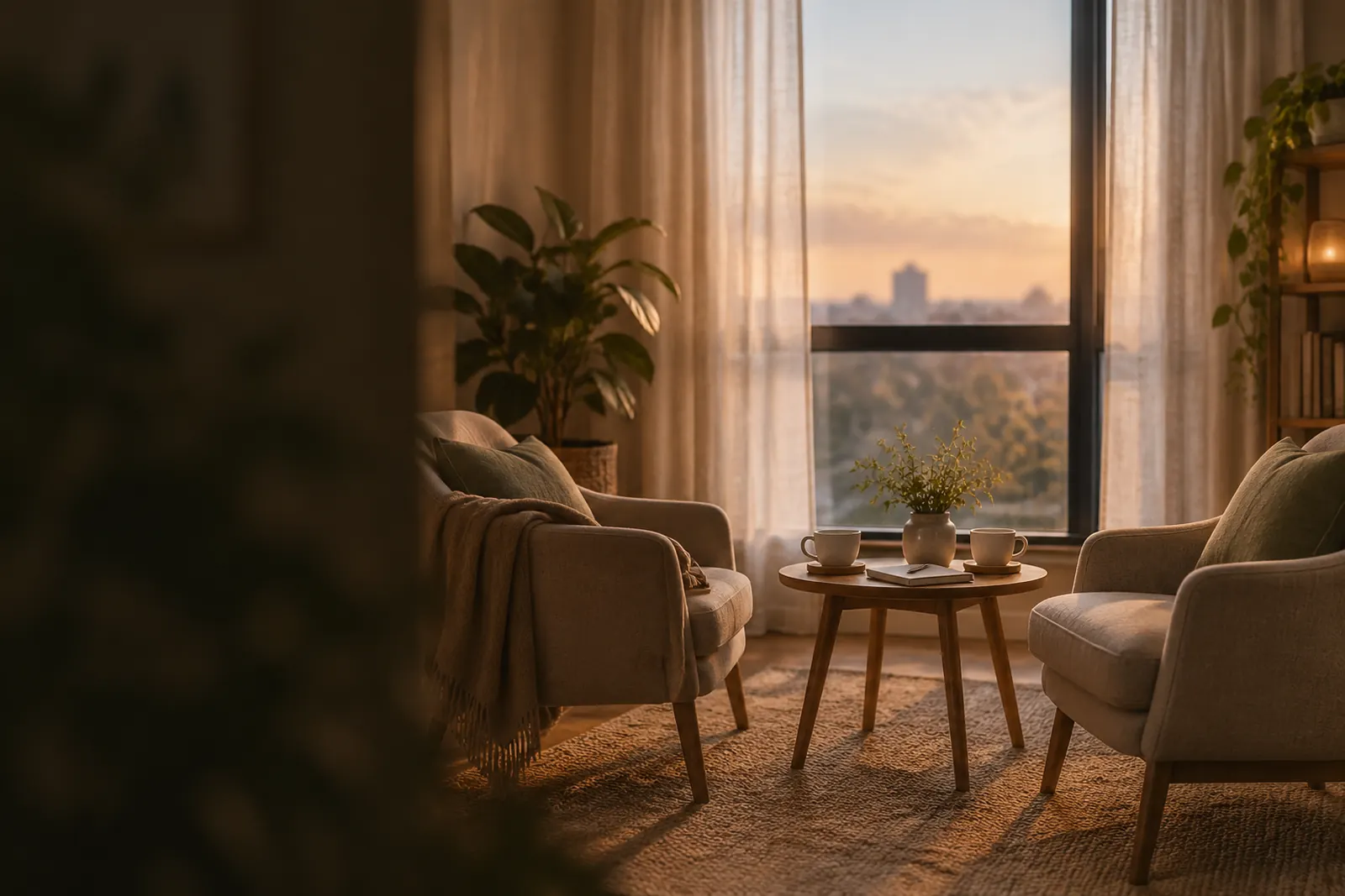 Ruhiger Coaching-Raum mit zwei Sesseln, Tee und Pflanzen im Abendlicht