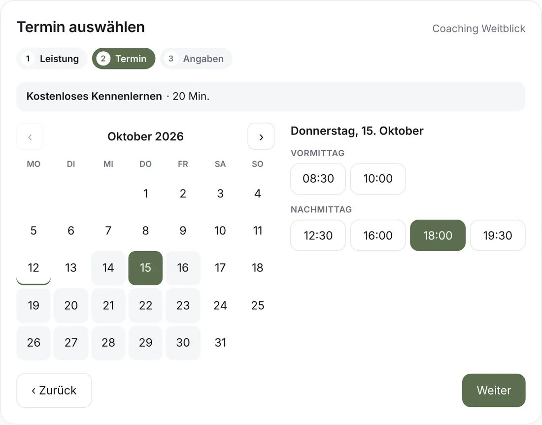 Online-Terminbuchung auf einer Coaching-Website: kostenloses Kennenlernen am Donnerstag um 18 Uhr (Beispieldaten)