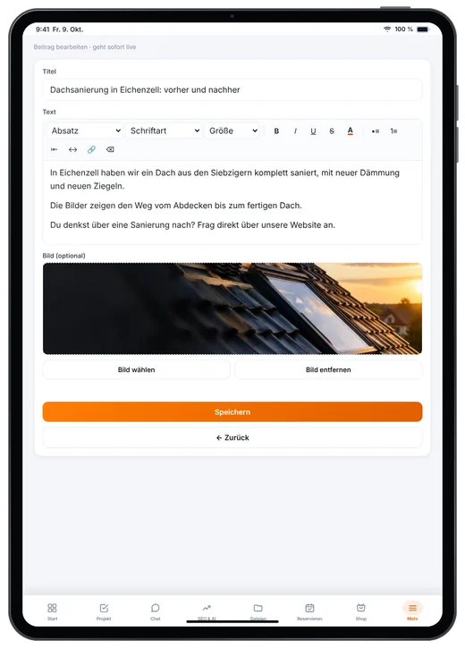 Kundenzugang von Webfire Marketing: Blog-Beitrag zu einer Dachsanierung wird bearbeitet (Beispieldaten)