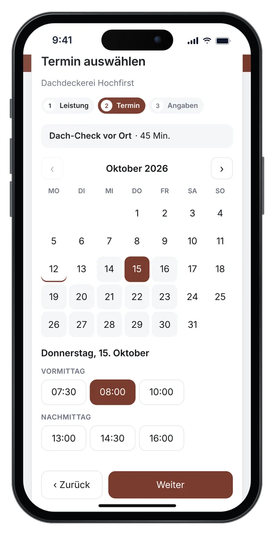 Online-Terminbuchung auf einer Dachdecker-Website: Dach-Check vor Ort am Donnerstag um 8 Uhr (Beispieldaten)