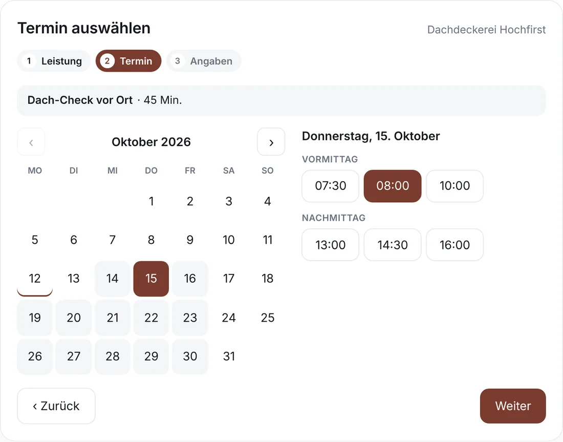 Online-Terminbuchung auf einer Dachdecker-Website: Dach-Check vor Ort am Donnerstag um 8 Uhr (Beispieldaten)