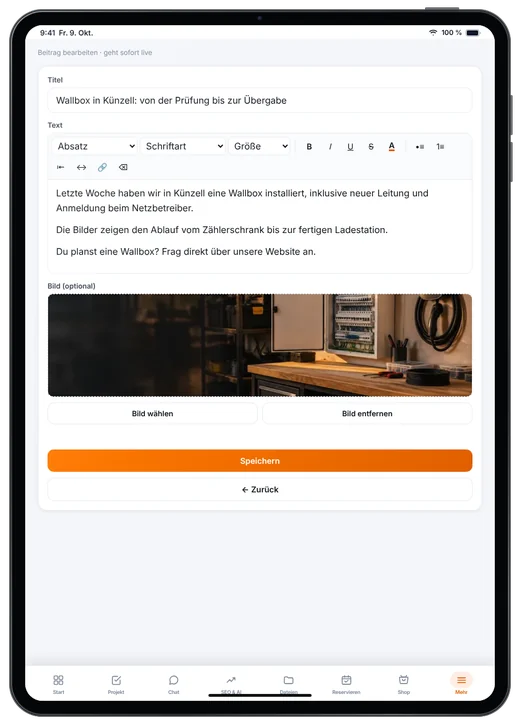 Kundenzugang von Webfire Marketing: Blog-Beitrag zu einer Wallbox-Installation wird bearbeitet (Beispieldaten)