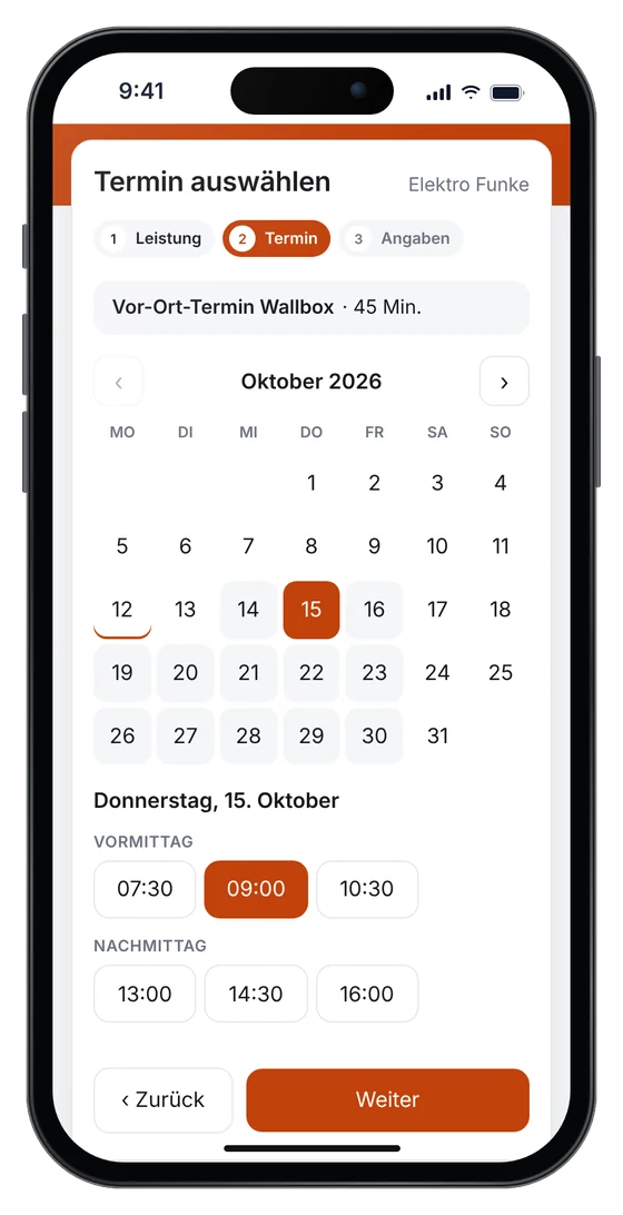 Online-Terminbuchung auf einer Elektriker-Website: Vor-Ort-Termin Wallbox am Donnerstag um 9 Uhr (Beispieldaten)