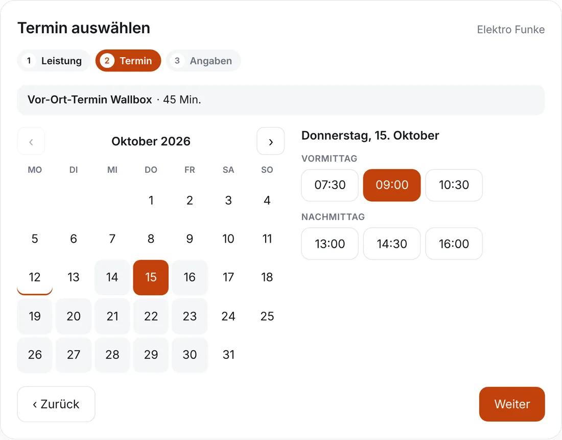 Online-Terminbuchung auf einer Elektriker-Website: Vor-Ort-Termin Wallbox am Donnerstag um 9 Uhr (Beispieldaten)