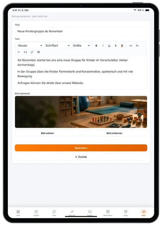 Kundenzugang von Webfire Marketing: Blog-Beitrag zu einer neuen Kindergruppe wird bearbeitet (Beispieldaten)