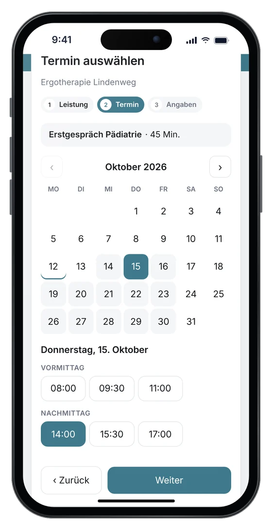 Online-Terminbuchung auf einer Ergotherapie-Website: Erstgespräch Pädiatrie am Donnerstag um 14 Uhr (Beispieldaten)