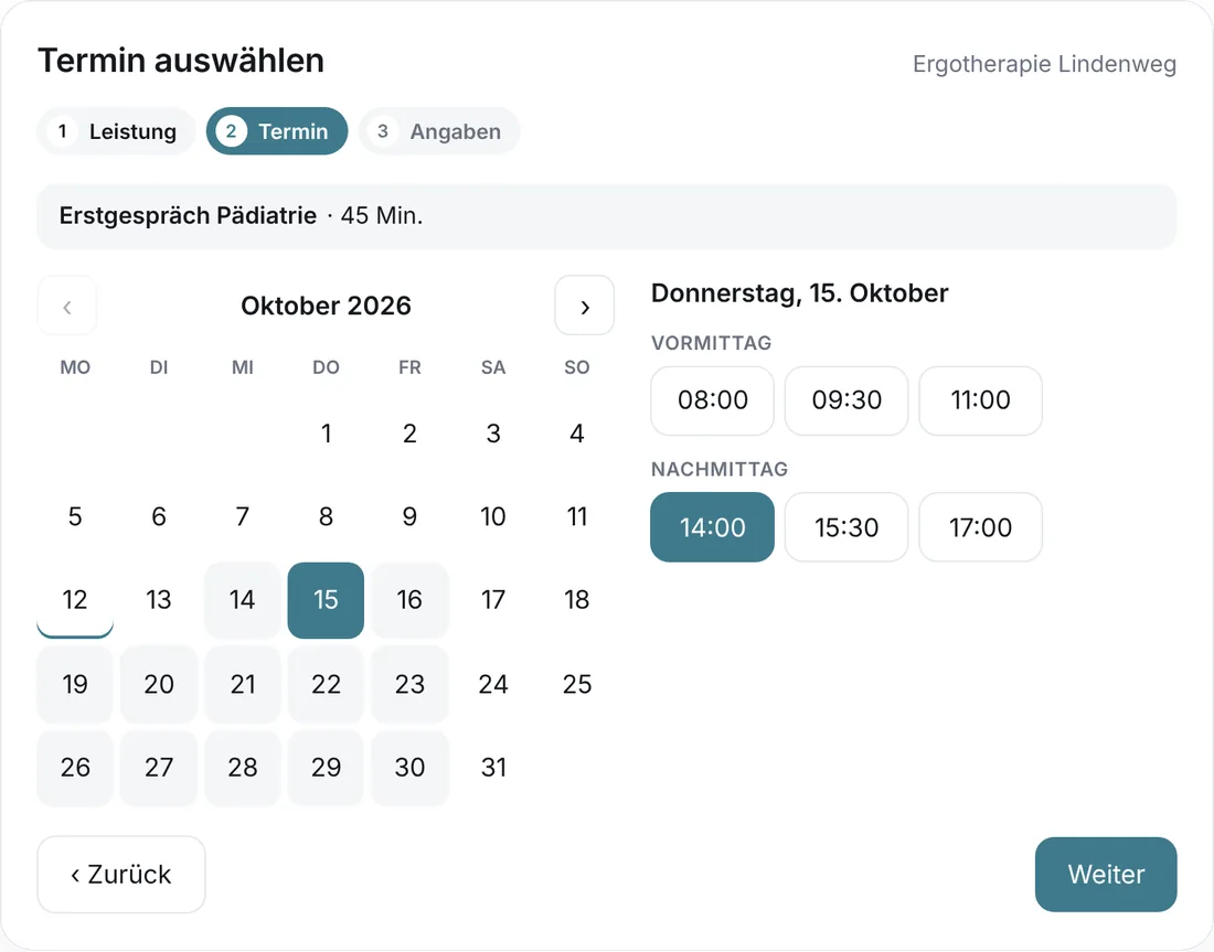 Online-Terminbuchung auf einer Ergotherapie-Website: Erstgespräch Pädiatrie am Donnerstag um 14 Uhr (Beispieldaten)