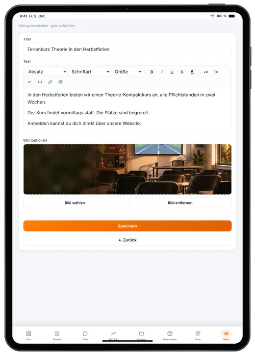 Kundenzugang von Webfire Marketing: Blog-Beitrag zum Ferienkurs Theorie wird bearbeitet (Beispieldaten)