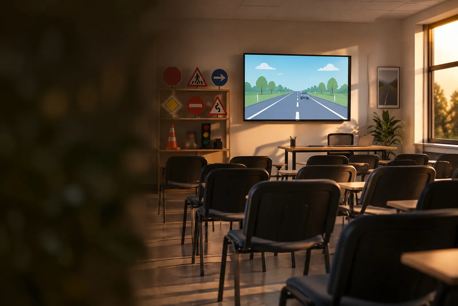 Unterrichtsraum einer Fahrschule mit Stuhlreihen, Bildschirm und Verkehrsschild-Modellen im Abendlicht