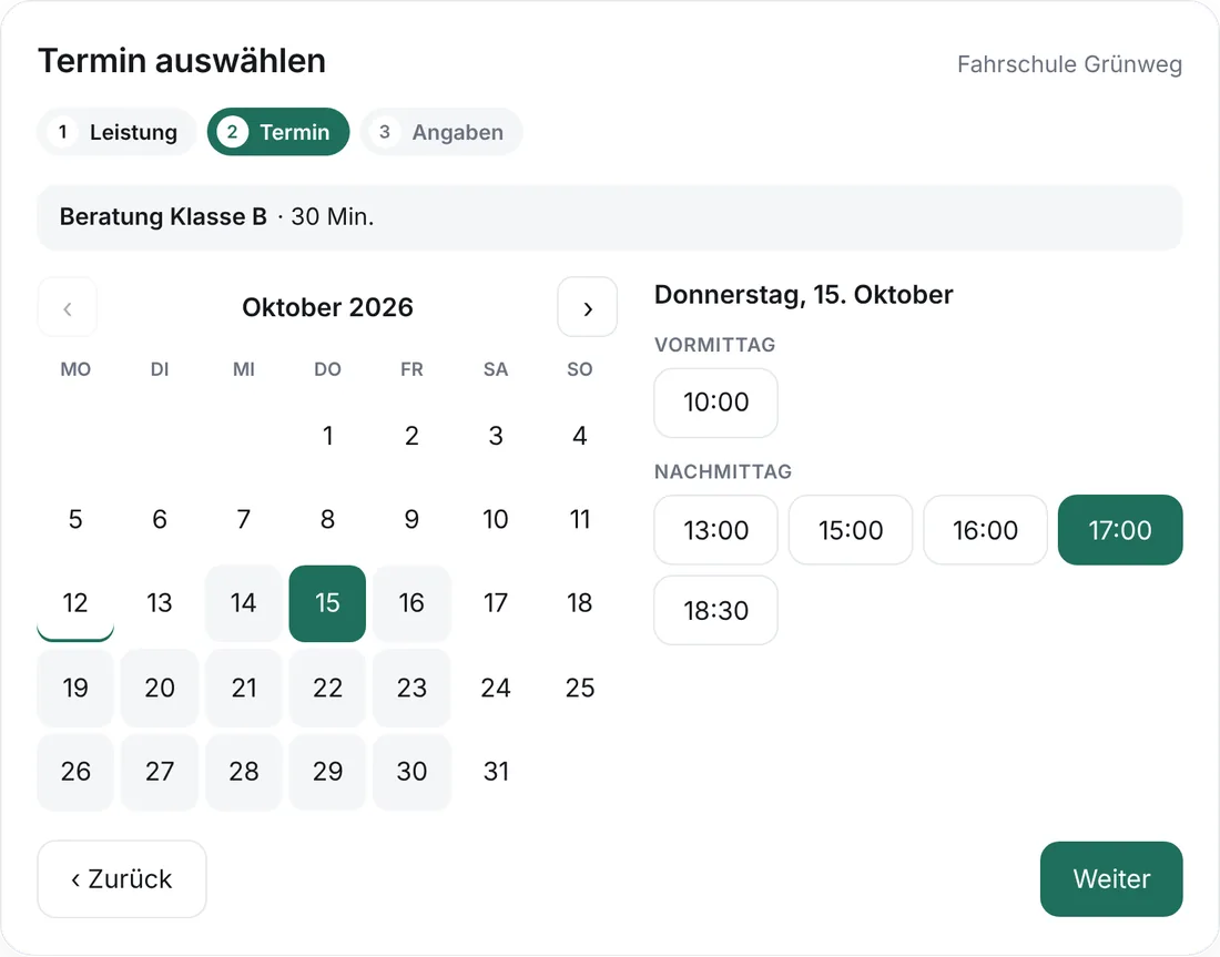 Online-Terminbuchung auf einer Fahrschul-Website: Beratungstermin Klasse B am Donnerstag um 17 Uhr (Beispieldaten)